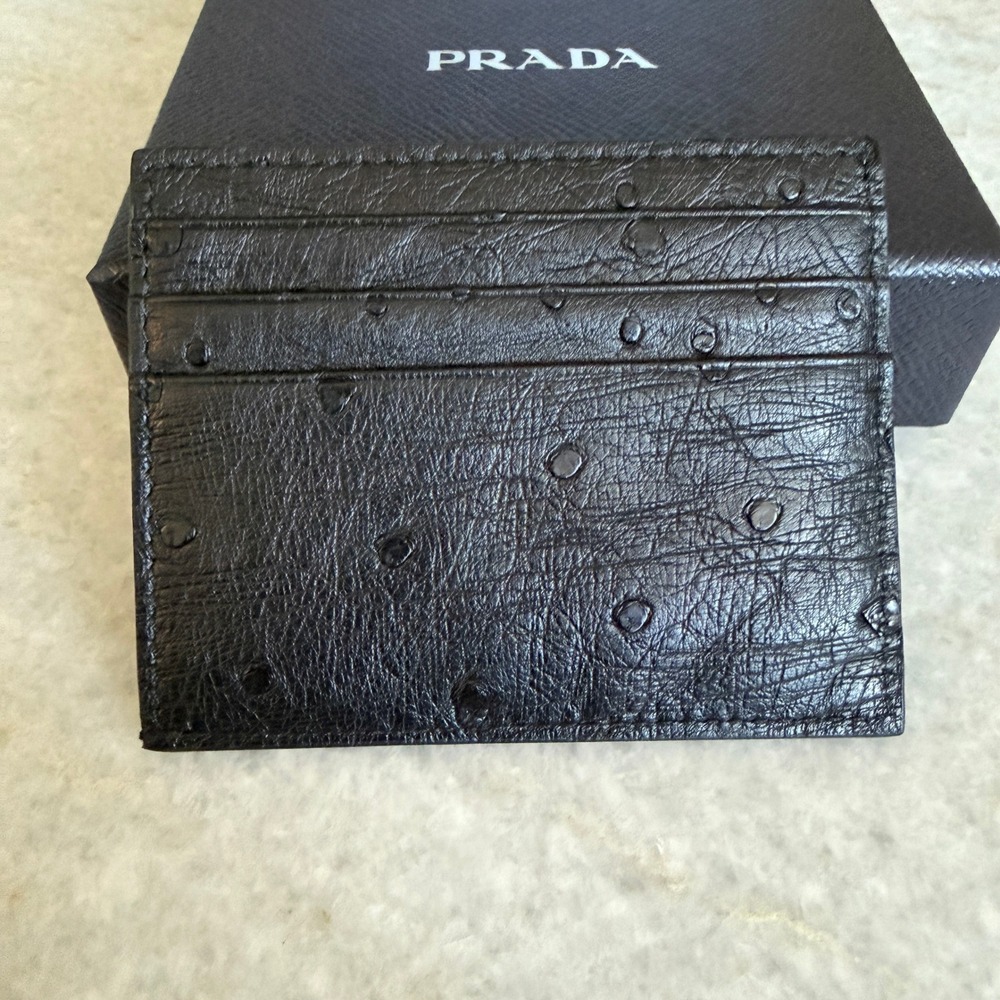 Prada Black Ostrich Leather Card Holder Wallet 2MC223 Struzzo Made in Italy - Picture 2 of 10